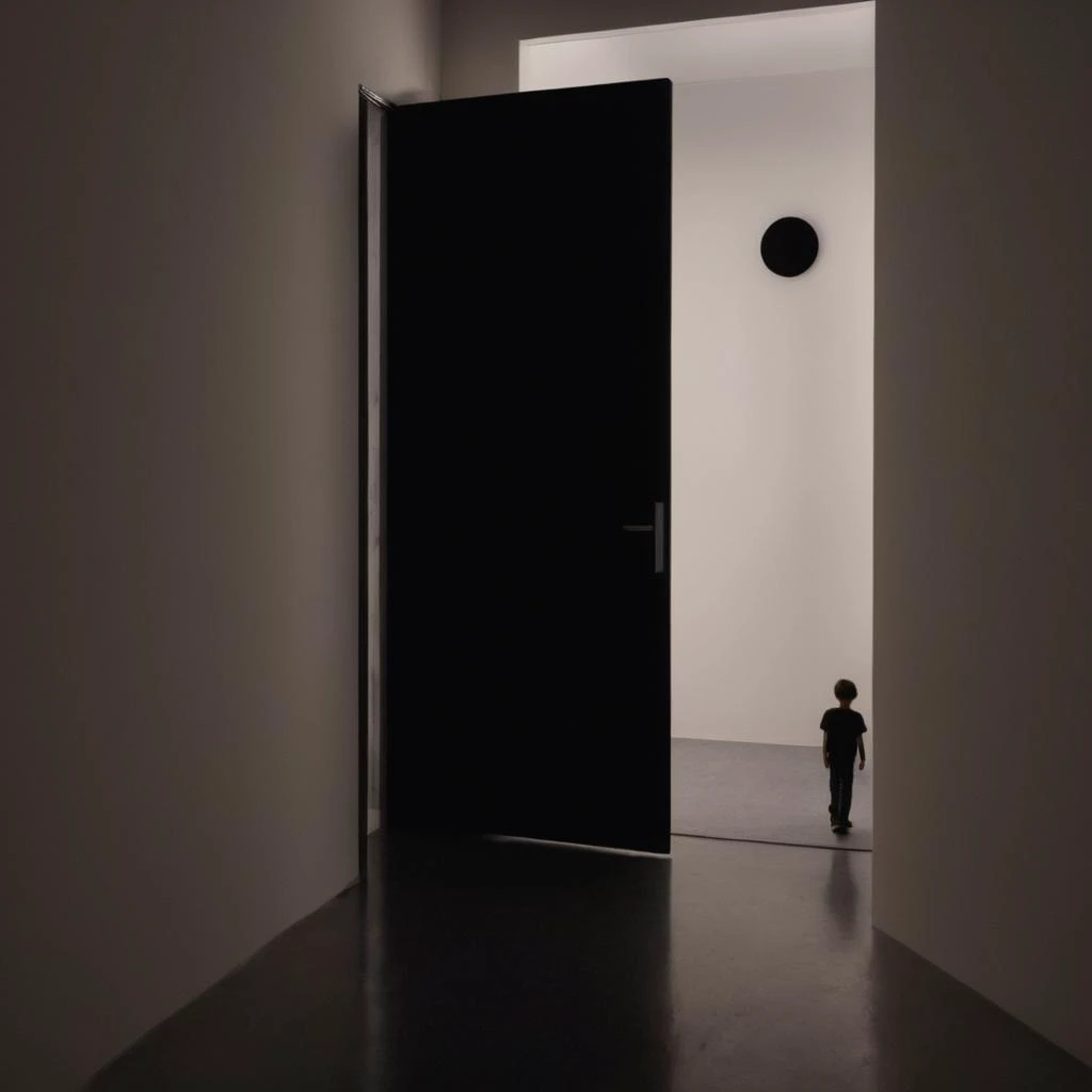 UHD, 4k, ultra detailed, cinematic, a photograph of  <lora:vantablack style:1>
a person standing in a dark room with a door open,solo,1boy,standing,pants,shadow,door,silhouette,dark,cane,doorway , vantablack style, super-black coating style, dark coating s...