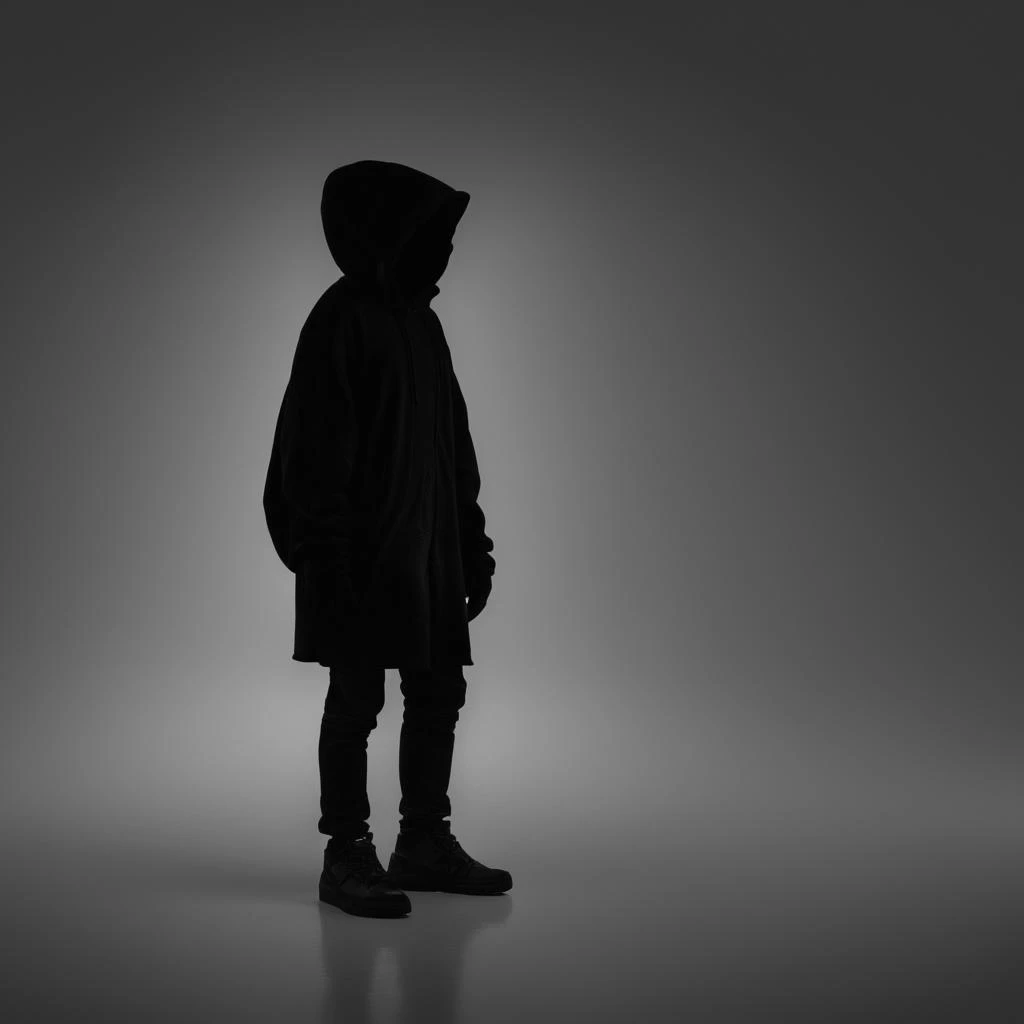 UHD, 4k, ultra detailed, cinematic, a photograph of  <lora:vantablack style:1>
a person in a hoodedie is standing in the dark,solo,simple background,1boy,monochrome,male focus,black background , vantablack style, super-black coating style, dark coating sty...