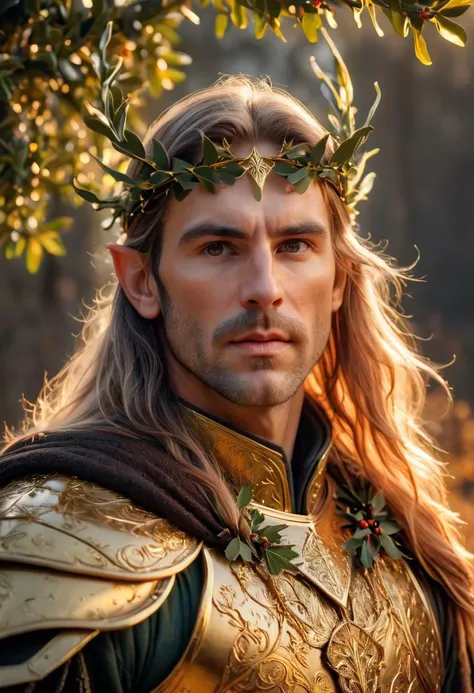 a man with long hair wearing a crown and a gold outfit