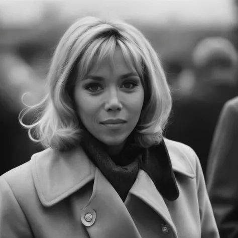 (a 40yo slightly smilling woman bmacr0n in a coat), blonde hair, 1960s period, monochrome analog film still photography, heavy film grain <lora:bmacr0n_001_SDXL1_ada-000017:1.1>