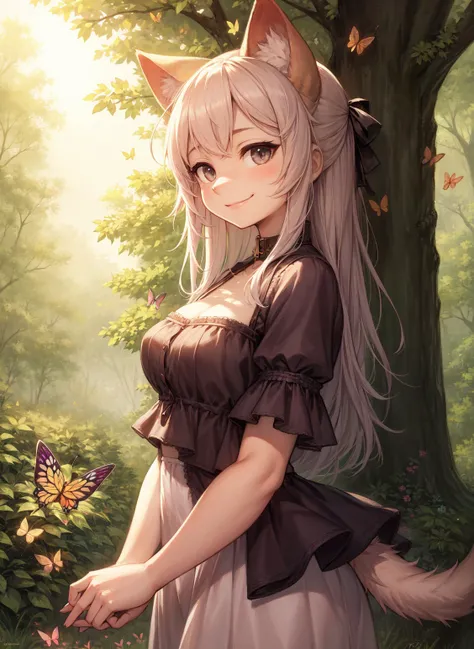 (grainy:0.7),  (extremely detailed:1.2), (sharp:0.7), absurdres, (evening:1.2), natural lighting
BREAK
girl, cat ears, smiling,amused, (looking at butterfly:1.2), from side, messy medium hair
BREAK
forest background