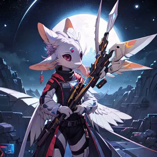 a close up of a person holding a weapon in front of a full moon