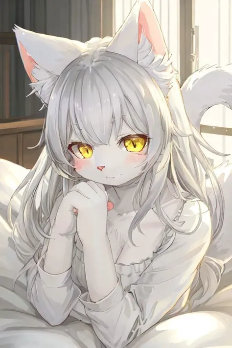 furry, Kemono, girl, cat, white cat, cat ear, cat tail, cat eyes, yellow eyes, fur, silver hair, cat paws