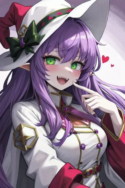 <lora:ConceptFangs3:1> <lora:MerryNightmareDreamEaterMerry2:1> face focus, character bust, beautiful, masterpiece, soft lighting, merry nightmare [dream eater merry], green eyes, purple hair, fangs, happy expression, hearts, white hat, horizontal pupils, w...