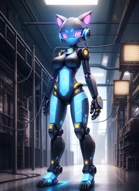 furry robot female standing inside a factory, full_body, cables, ultra detailed, electricity, sfw