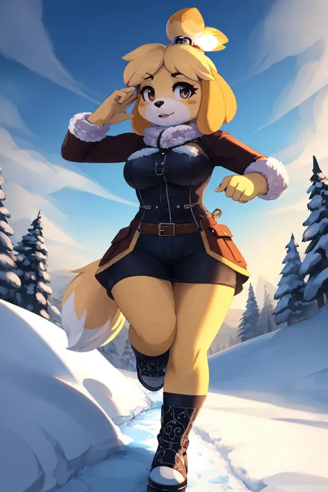 a woman in a furry outfit is running through the snow