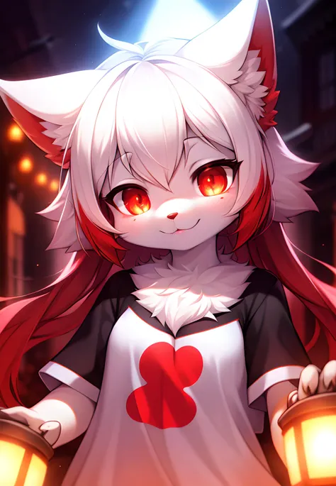 furry, white fur, ultra cute face, red elements on fur, glowing t-shrt, beautiful lights and shadows, ambient light, ultra detai...