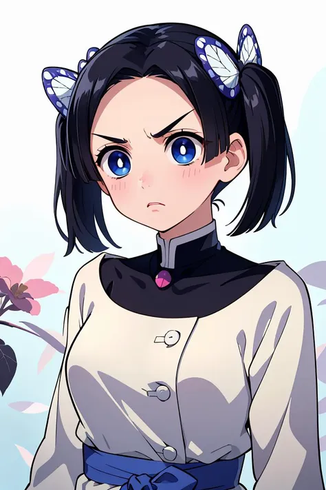 anime girl with blue eyes and a white shirt and blue bow