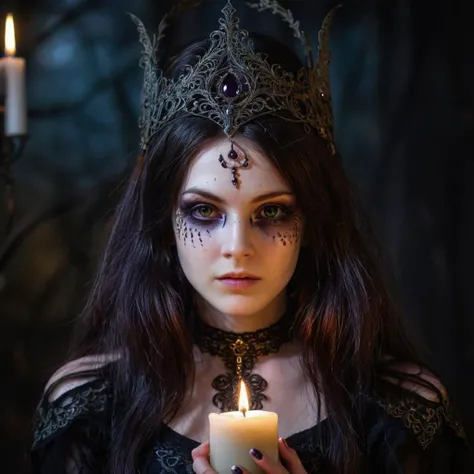 a shadowy witch girl with goth-style regarding me from the candlelit shadows, full-body shot, intricate eye-makeup, silver filigree circlet, highly detailed skin textures, anti-aliasing, color-graded, nikon D850 <lora:AnalukXL8:0.75>