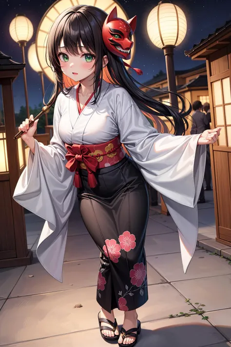 (masterpiece, best quality, intricate details, absurdres), 1girl, cute, beautiful, adorable, elegant,blush, vibrant colors, blurred background, long hair , night, japanese matsuri, yukata, mask, sandals, stars, green eyes,  <lora:more_details:0.4>