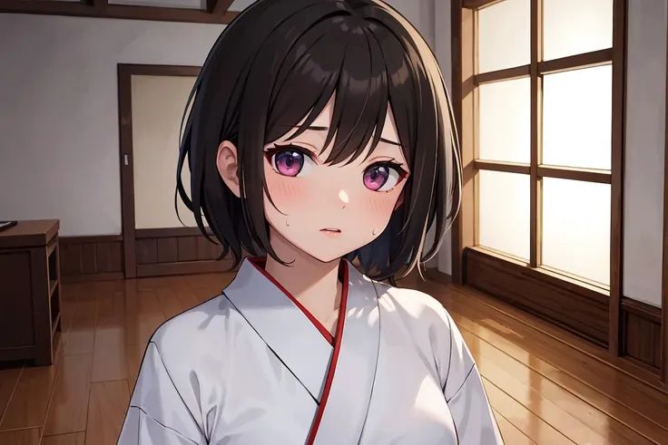 masterpiece, best quality, high resolution, extremely detailed, detailed background, cinematic lighting, 1girl, looking at viewer, small breasts, black hair, short hair, hakama, dojo, wooden floor, sweatdrop, blush,