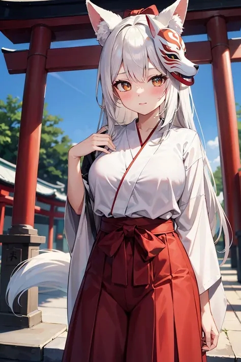 (masterpiece), best quality, high resolution, highly detailed, detailed background, perfect lighting, 1girl, large breasts, white hair, long hair, red hakama, hakama skirt, blush, shrine, torii, mask, fox mask