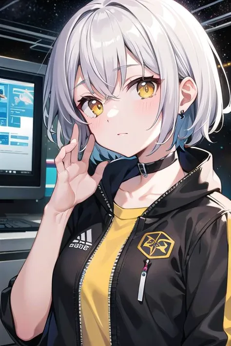 masterpiece, best quality, short hair, silver hair, yellow eyes, medium hair, medium breasts, close-up, indoors, space, science fiction, hand up, jacket, shirt,