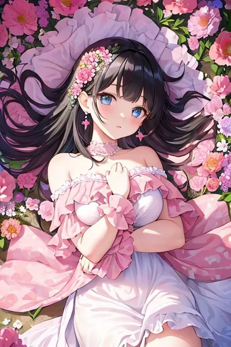 Masterpiece, high quality, One girl(laying on flowers), long pink hair, blue eyes, medium breast, shy, light dress, earrings, background (flowers everywhere around ), view from above,phlg, black hair, pink highlight