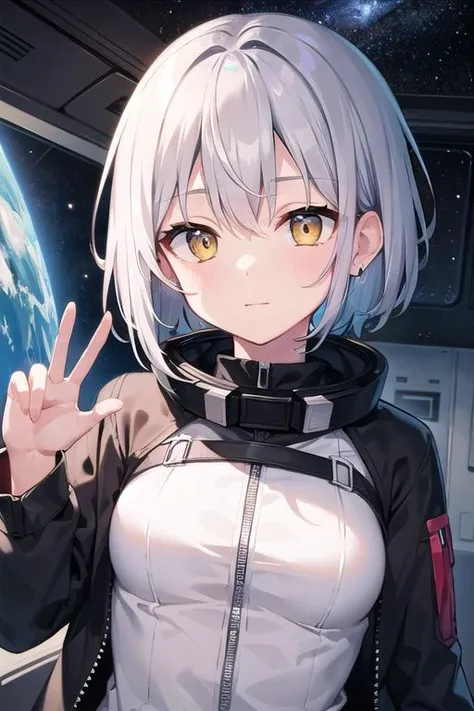 masterpiece, best quality, short hair, silver hair, yellow eyes, medium hair, medium breasts, close-up, indoors, space, science fiction, hand up, jacket, shirt,