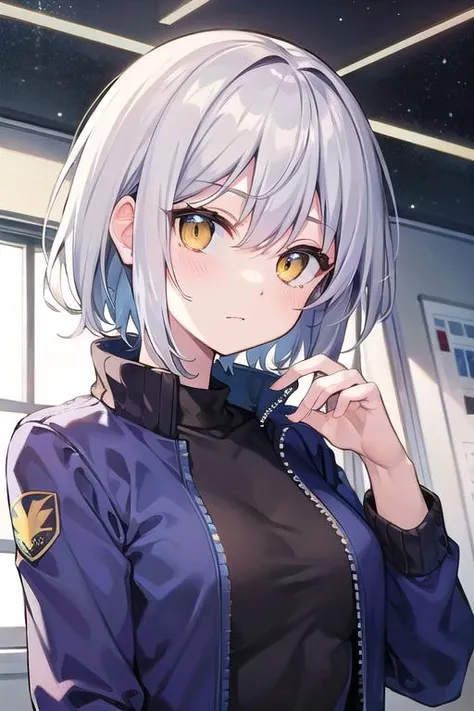 masterpiece, best quality, short hair, silver hair, yellow eyes, medium hair, medium breasts, close-up, indoors, space, science fiction, hand up, jacket, shirt,