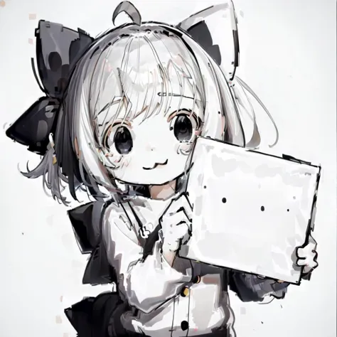 anime girl holding a laptop with a cat ear and a cat tail