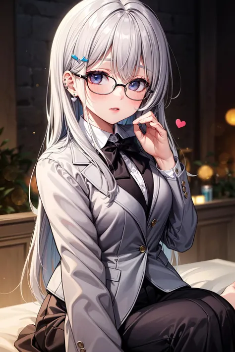 (masterpiece, top quality, best quality, official art, beautiful and aesthetic:1.2), makeup, silver hair,streaked hair, detailed hair,blush, (random eye color),park, blurred background, visually stunning, bokeh,<lora:add_detail:0.6> , glasses, hair clip, p...