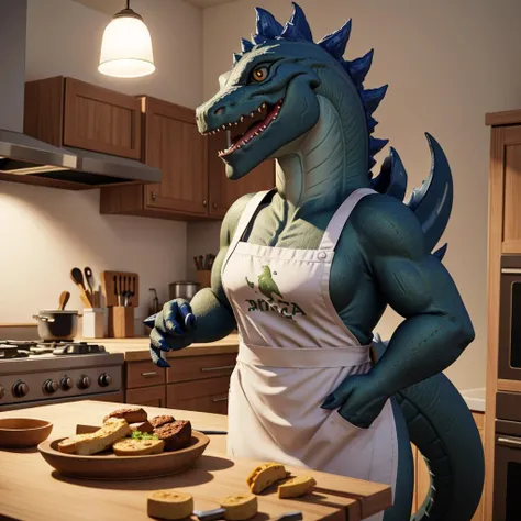 <lora:zilla:0.85> zilla, wearing an apron, in a kitchen, cooking