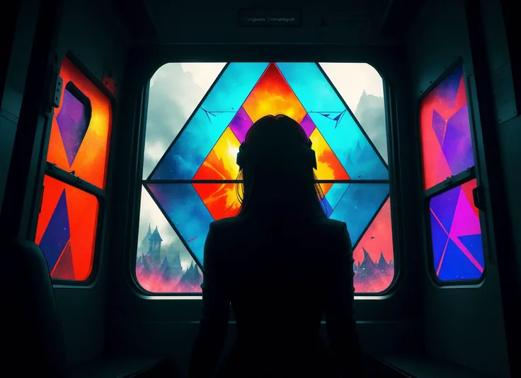 three cornered window, back of head shot of (woman looking out of triangle window:1.1), 3rd person, Looking out the triangular window of a (train:1.1) with triangular windows, triangular windows and triangular, wheels,  in a fantasy world, 
psychedelic, ge...