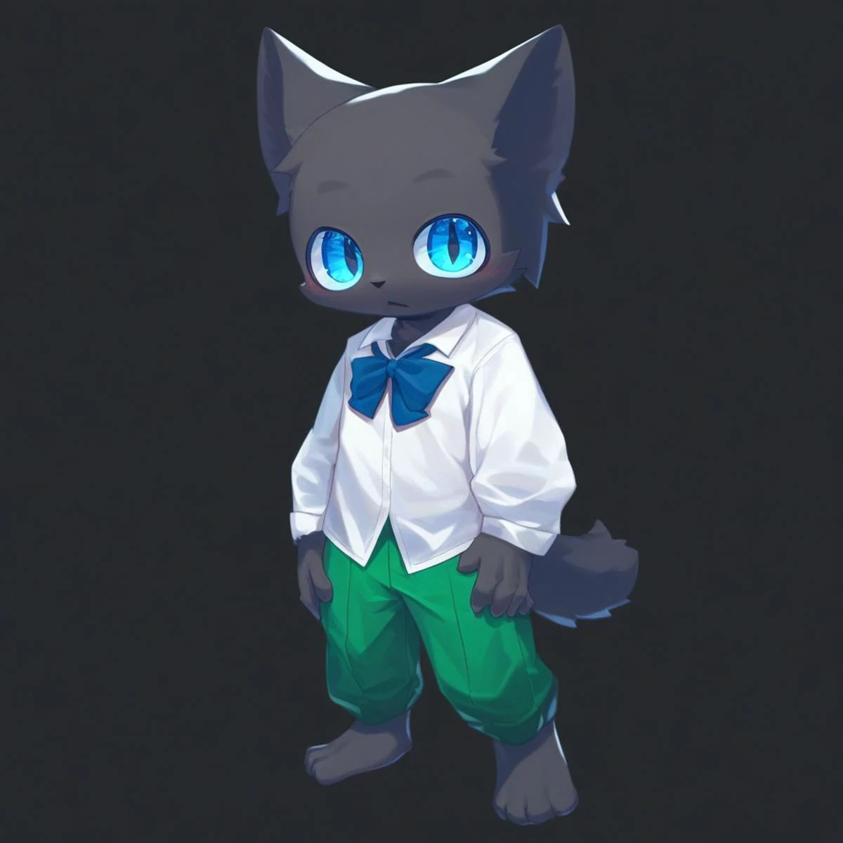 anime character of a cat dressed in a white shirt and green pants