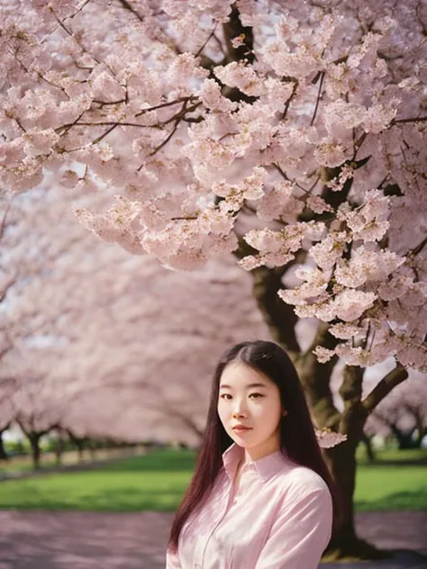 photo of woman standing under cherry blossom trees, high quality photograph, bokeh, analog, depth of field, portra 800 film, <lo...