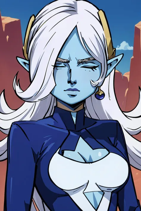 a cartoon image of a woman with white hair and blue eyes