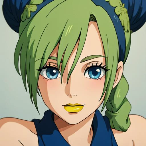 cartoon, ((solo)) ((blue eyes, bright eyes)), 19 years old, perfect face, blushing, anime art, 1girl, jolynejojo, halfbody, digital art, masterpiece, green and blue hair,  braided_low ponytail <lora:jolynejojo-000004:1.1>  closeup, yellow lipstick  <lora:s...