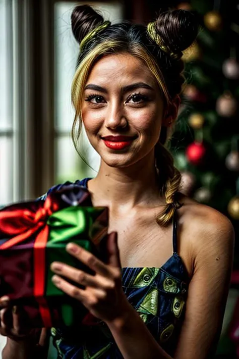 arafed woman holding a present in front of a christmas tree