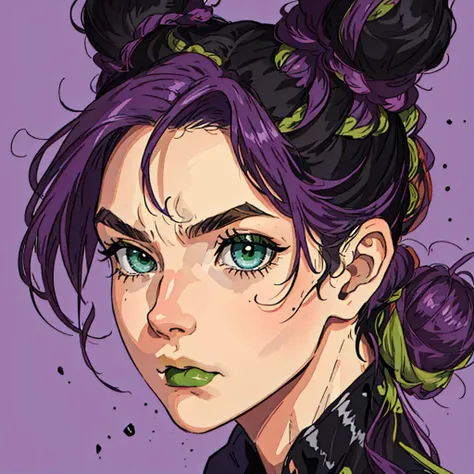 masterpiece, best quality,  <lora:jolynejojo:1>, 1girl, wild hair, loose hair, small chin, only face, 2 buns,  beautiful face, portrait, solo, angry, closed mouth, purple theme,  (big buns:1.2), green lips