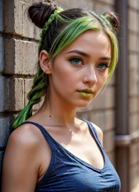 HDR, 8K resolution, intricate detail, sophisticated detail, depth of field, photorealistic, sharp focus, closeup portrait, Medium Close-Up shot, mixed race girl, (green hair), braided_low ponytail , yellow lipstick, (solo) ((blue eyes, bright eyes)), perfe...