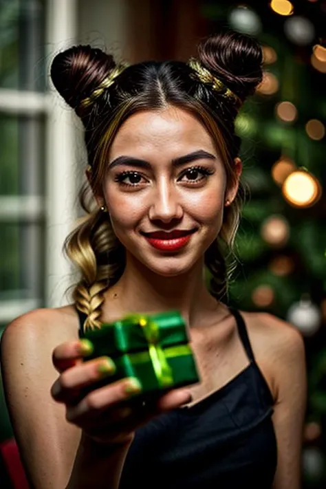 arafed woman holding a present in front of a christmas tree