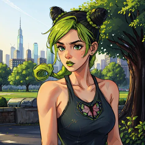 4k,  <lora:jolynejojo:1> , A girl, lime dress,  young, nasty face,  big buns, green lips, loose hair, long hair, nature landscape, only face, bokeh, (city:0.7), hdr