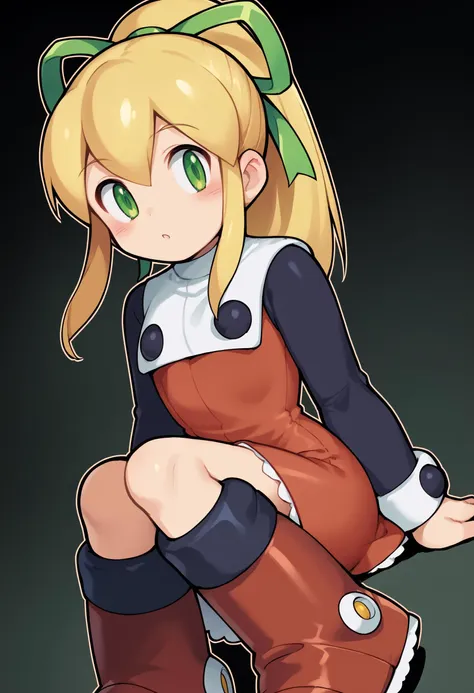 a cartoon girl with a green bow sitting on a stool