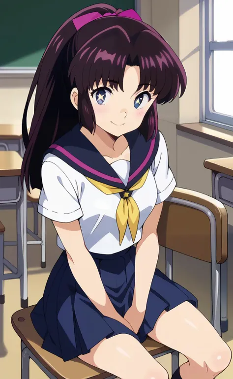 anime girl sitting on a chair in a classroom with a blackboard