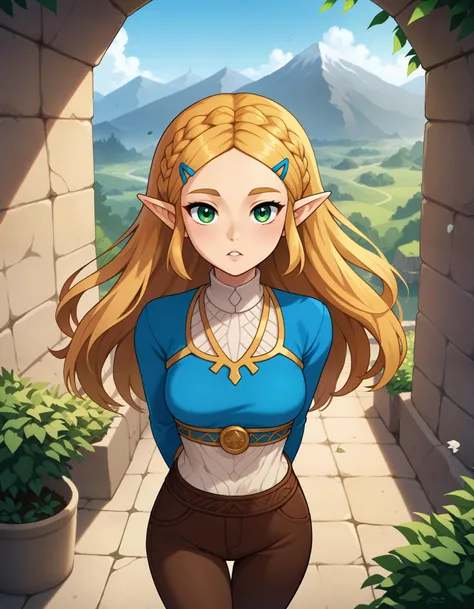 embedding:PonyXLV6_Scores, 1girl, princess zelda, the legend of zelda: breath of the wild, cowboy shot, wavy hair, wind, leaf, green eyes, brown pants, arms behind back, parted lips, looking at viewer, from above, backlighting, garden, castle, mountain, la...