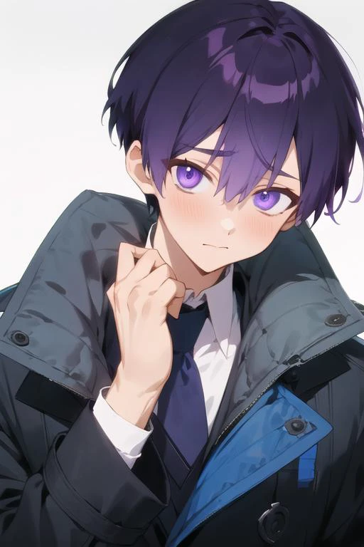 masterpiece, best quality, high quality, 1boy, solo, male focus, looking at viewer, upper body, <lora:yuuki_izumi:0.68>, yuuki_izumi, purple eyes, purple hair, , coat