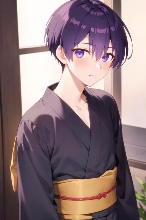 masterpiece, best quality, high quality, 1boy, solo, male focus, looking at viewer, upper body, <lora:yuuki_izumi:0.60>, yuuki_izumi, purple eyes, purple hair, , yukata