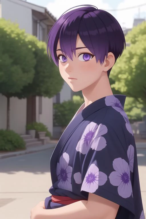 masterpiece, best quality, high quality, 1boy, solo, male focus, looking at viewer, upper body, <lora:yuuki_izumi:0.66>, yuuki_izumi, purple eyes, purple hair, realistic, yukata