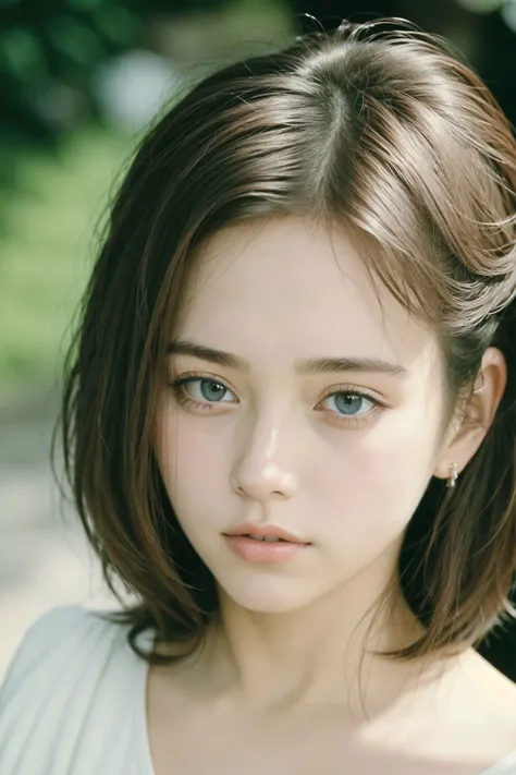 a woman with a white shirt and brown hair looking at the camera