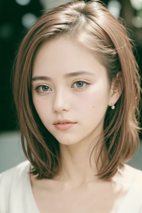 a woman with brown hair and blue eyes posing for a picture