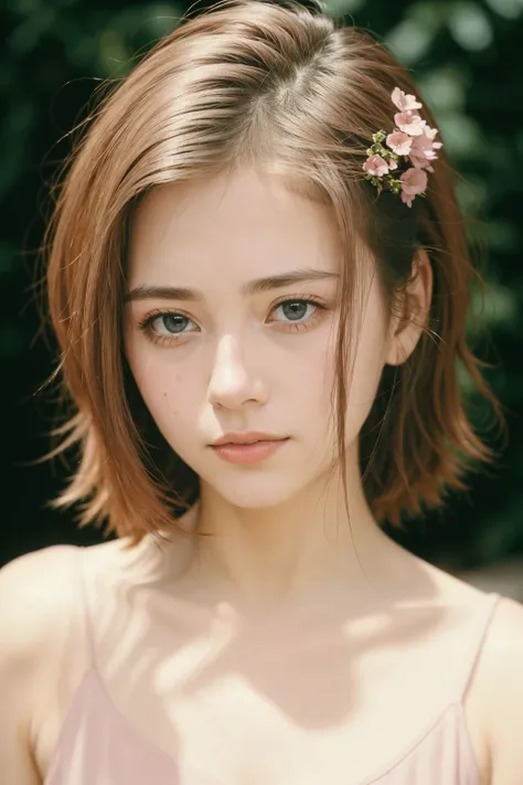 a woman with a flower in her hair posing for a picture