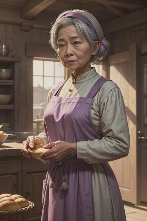 medieval baker in a bakery, asian old woman short, lilac gray colored clothes, light blonde hair, photorealistic, cinematic ligh...