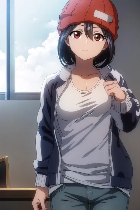 fuukoizumo, <lyco:fuukoizumo-lyco-nochekaiser:1>,
fuuko izumo, black hair, hair between eyes, (brown eyes:1.5), short hair,
BREAK shirt, white shirt, jacket, open jacket, pants, denim, beanie, (red beanie:1.2),
BREAK looking at viewer,
BREAK indoors, class...