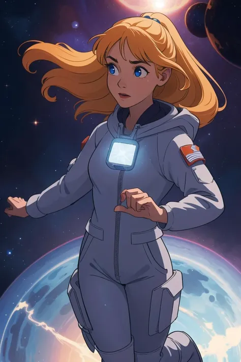 a woman in a space suit standing in front of a planet