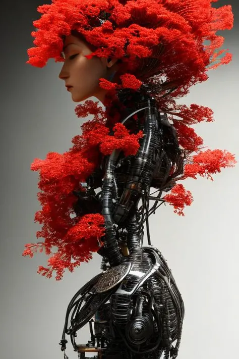 complex 3d render ultra detailed of a beautiful death angel, biomechanical cyborg, analog, 150 mm lens, beautiful natural soft rim light, big leaves and stems, roots, fine foliage lace, colorful details, samourai, Boris Bidjan Saberi outfit, pearl earring,...
