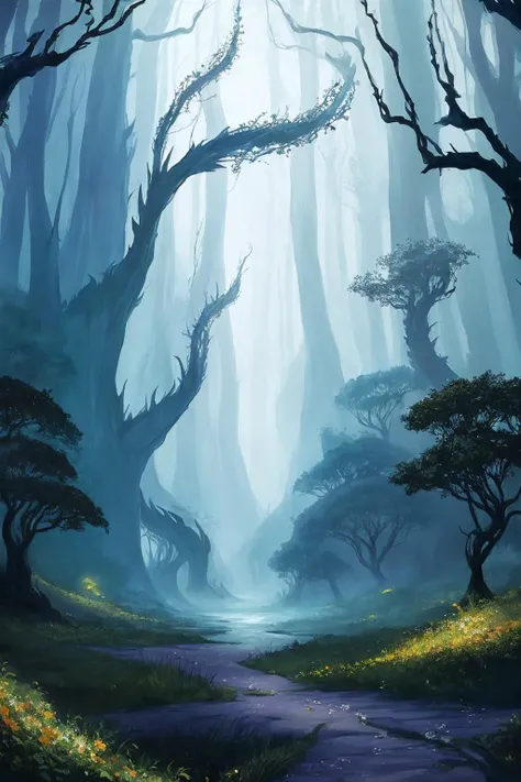 alien-themed narrow path to (ruined temple:1.1), dense forest, waterfall of energy, twisted trees, fractal vines, glowing flowers, overgrown, dark, low key, god rays, mystical, unbelievable, epic, (ori and the blind forest style:1.1), oil and watercolor pa...