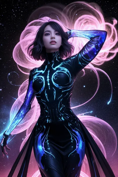 a woman in a black suit with a glowing blue and purple design