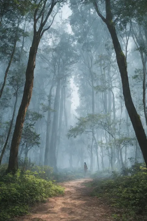 a person walking down a dirt road in the middle of a forest