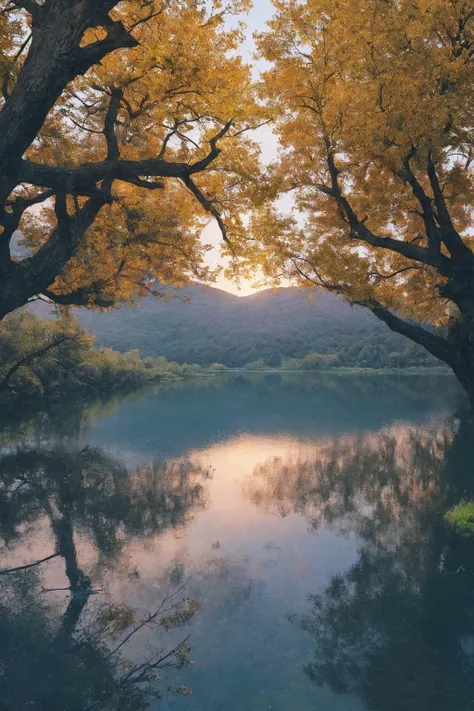 trees are reflected in the water of a lake with a mountain in the background